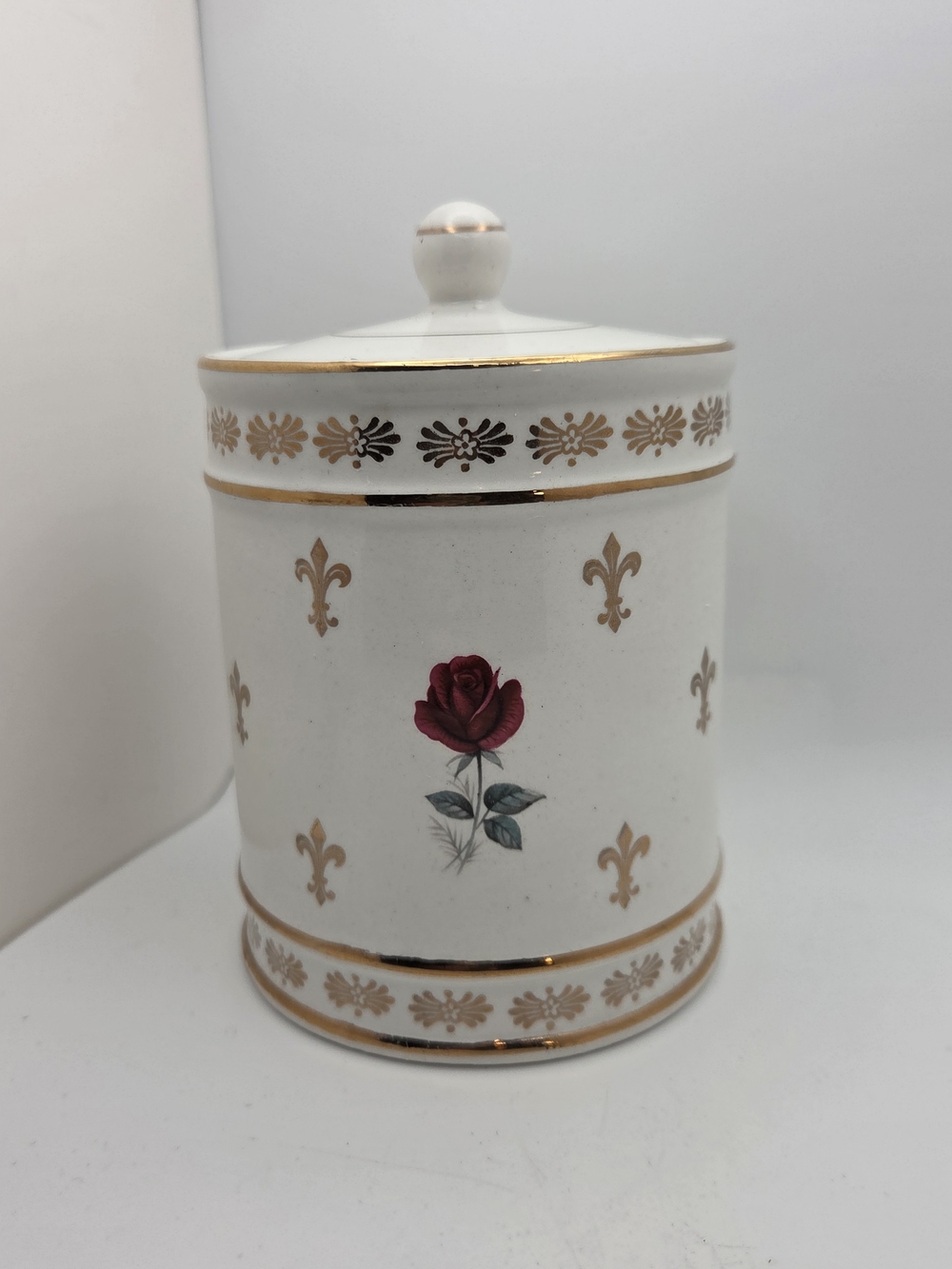 Elegant ENGLAND White Porcelain Jar with Red Rose and Gold Accents